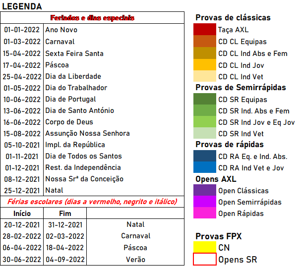 Calendário de Xadrez para 2021